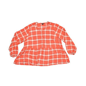 Torrid Red & White Plaid Blouse Plus Size 2 Peplum Top Peasant Shirt